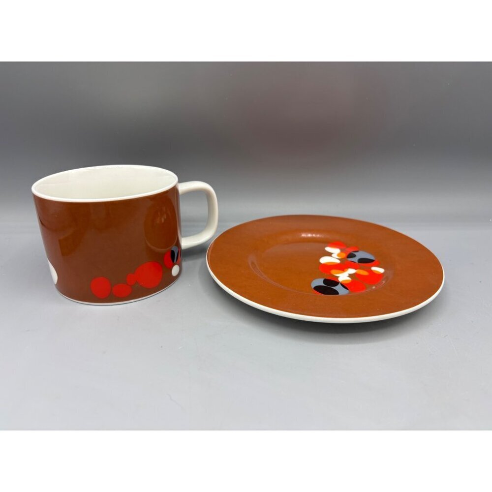 Vtg Moda Miam Miam‎ Stone Series Brown Red Tea Cup Mug Saucer Set Abstract MCM